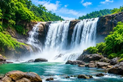 Athirappilly Waterfalls in Thrissur, Kerala surrounded by green forest