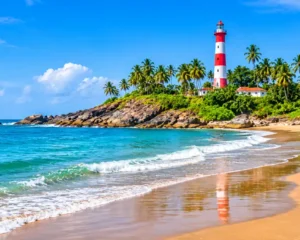 Kovalam Beach with the red and white Vizhinjam lighthouse, Trivandrum